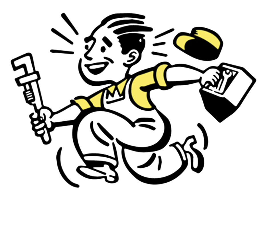 Cartoon clown holding a microphone in one hand and a flyer in the other, with a yellow hat and yellow accents in the costume.