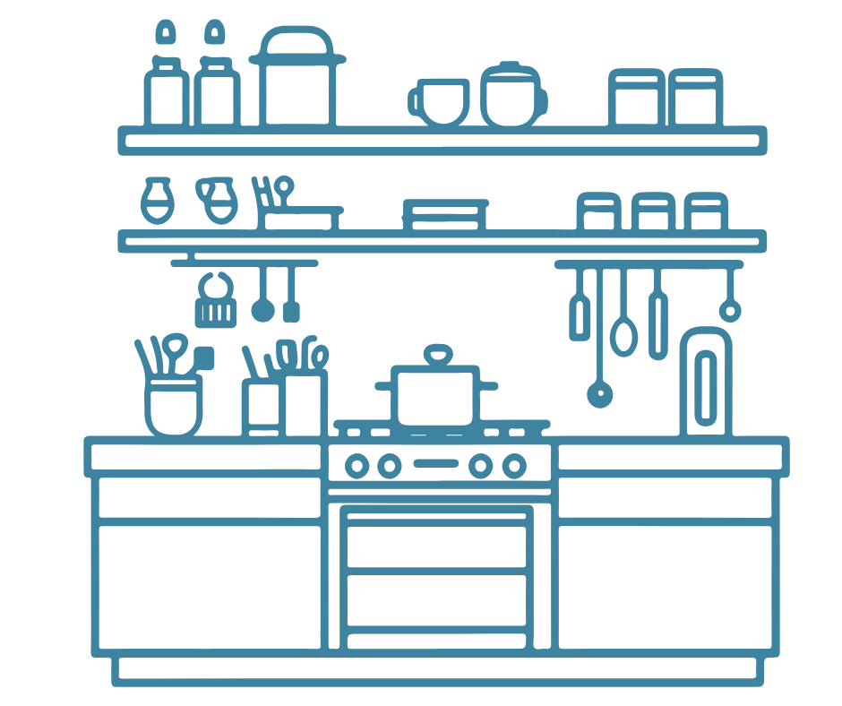 Line drawing of a kitchen with open shelves, a stove, and various kitchen utensils and dishes.