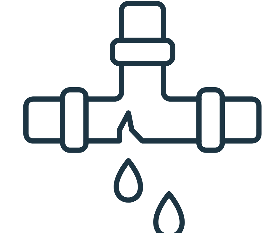 Diagram of a plumbing pipe with a crack and two water droplets below.