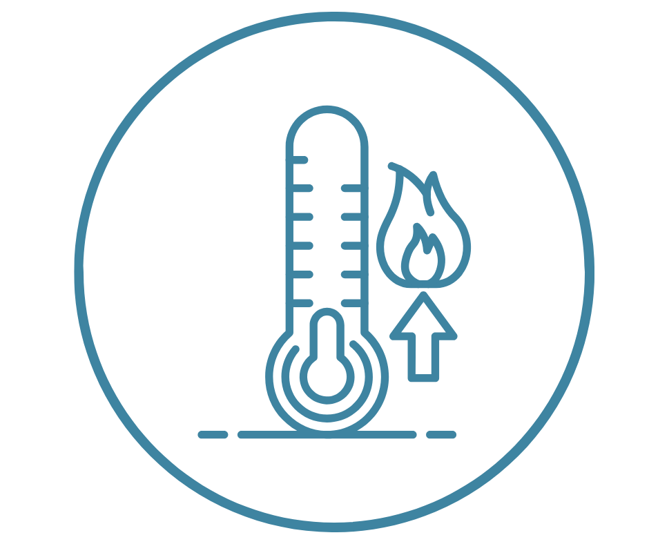 Thermometer indicating high temperature with a flame icon and an upward arrow.