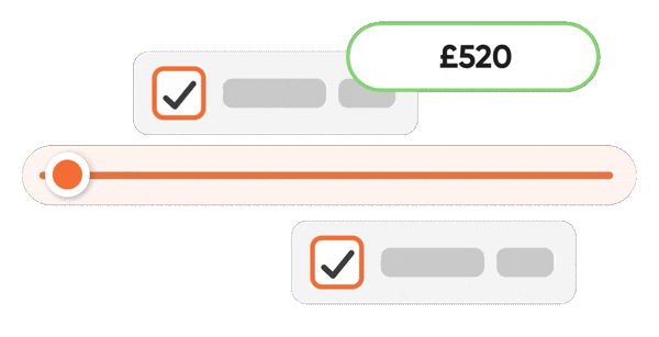 Screenshot of a budgeting or expense tracking app showing a total amount of £520. It includes checkmarks, sliders, and labels for different categories or items.
