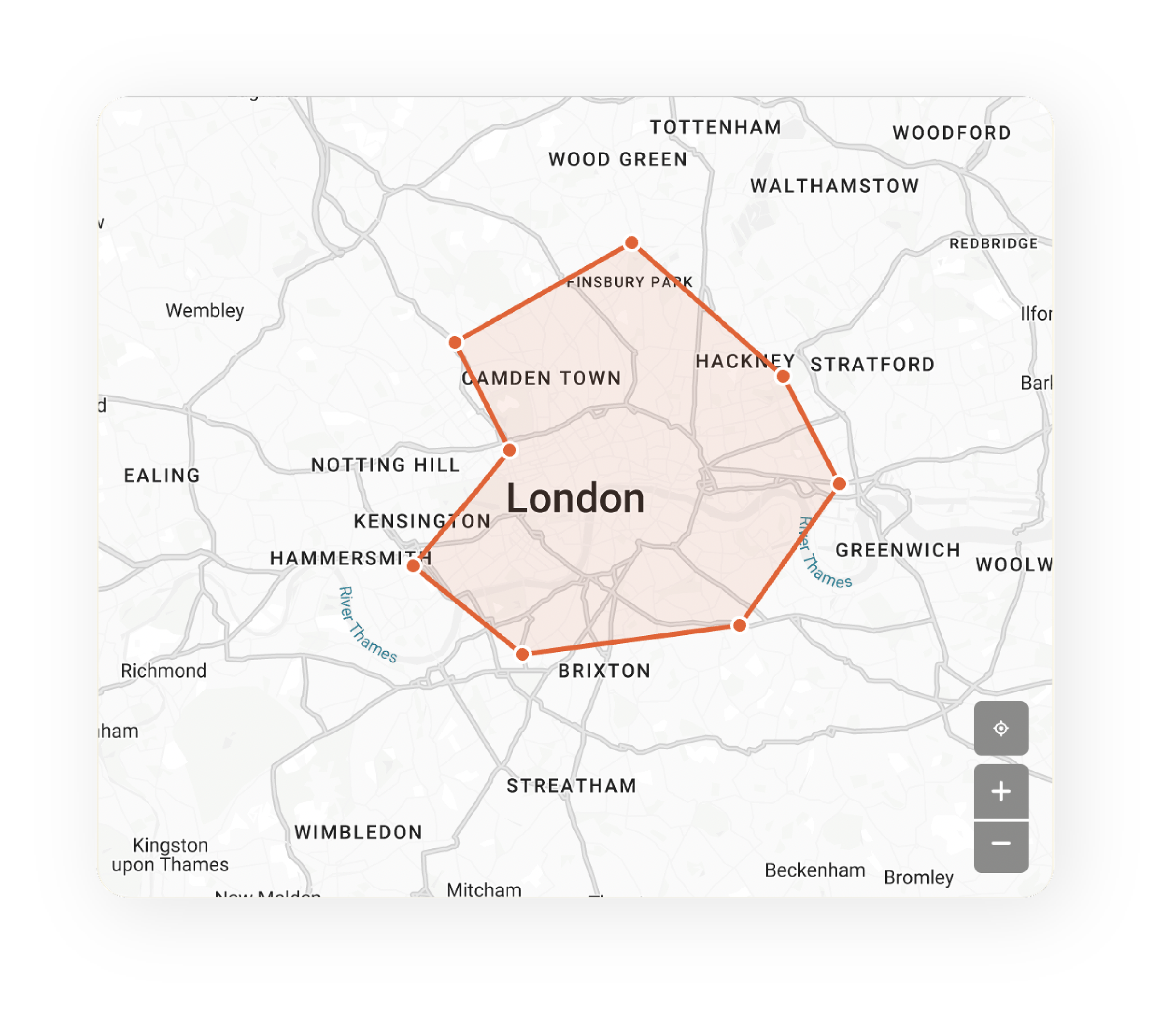 Map of London with various neighborhoods and a red line route connecting Camden Town, Finsbury Park, Hackney, Stratford, and other areas.