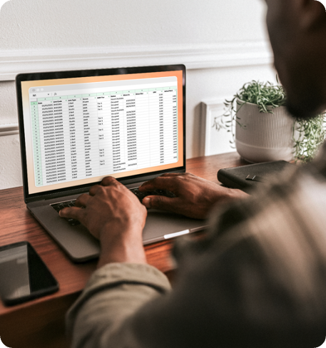 A person working on a laptop displaying a spreadsheet with columns of data. There's a potted plant on the desk.