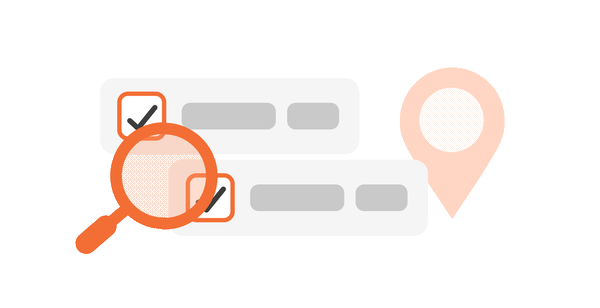 Illustration of a search and filter process with checkboxes, a magnifying glass, and a location pin.