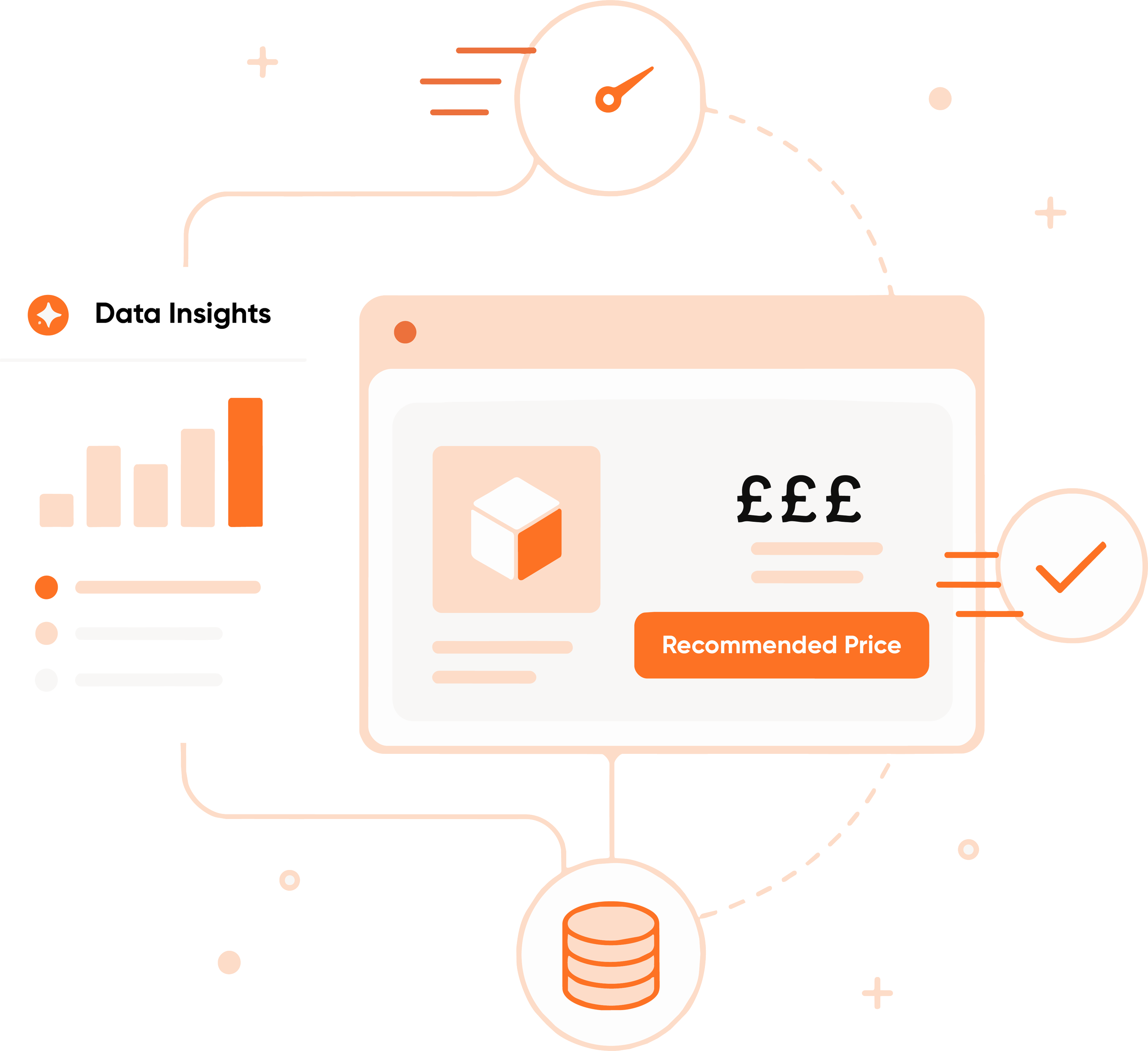 A digital illustration of a data analytics or financial concept featuring a bar chart, a dotted line graph, a stack of coins, and a chart with currency symbols, all in a minimalist style with orange and light pink colors.