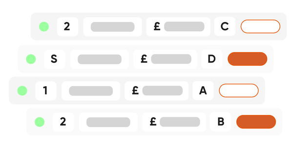 Screenshot of a banking or financial app interface with four rows of currency transactions, each indicating different amounts and account identifiers.