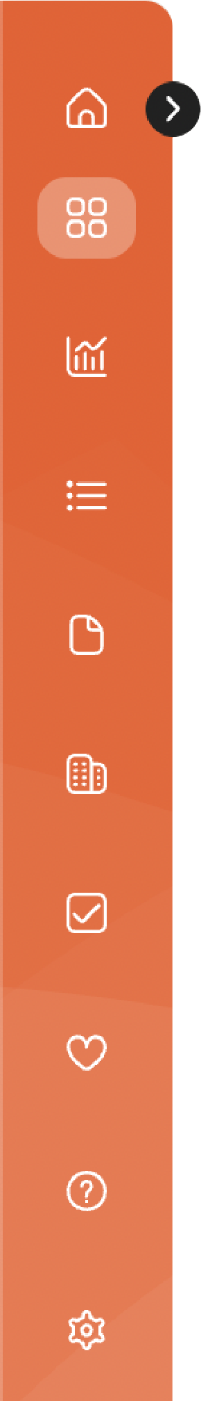 Mobile app navigation menu with icons for home, grid menu, growth chart, list, document, buildings, checkmark, heart, question mark, and settings.