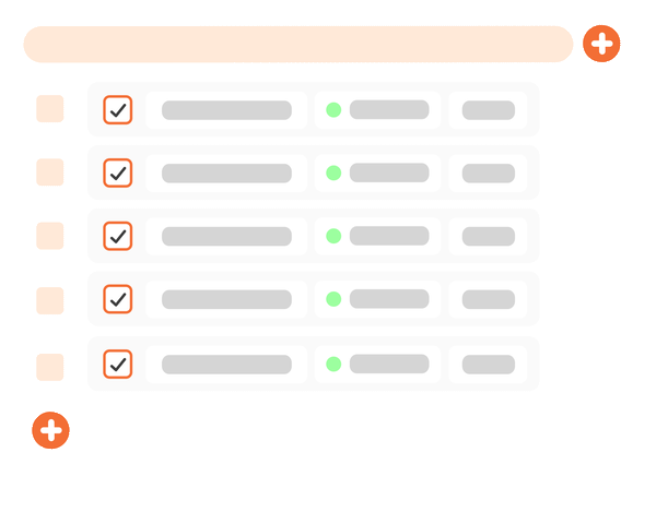 A to-do checklist with five items, each with orange checkboxes showing they are completed, and green status indicators next to each item, along with plus icons for adding new tasks.
