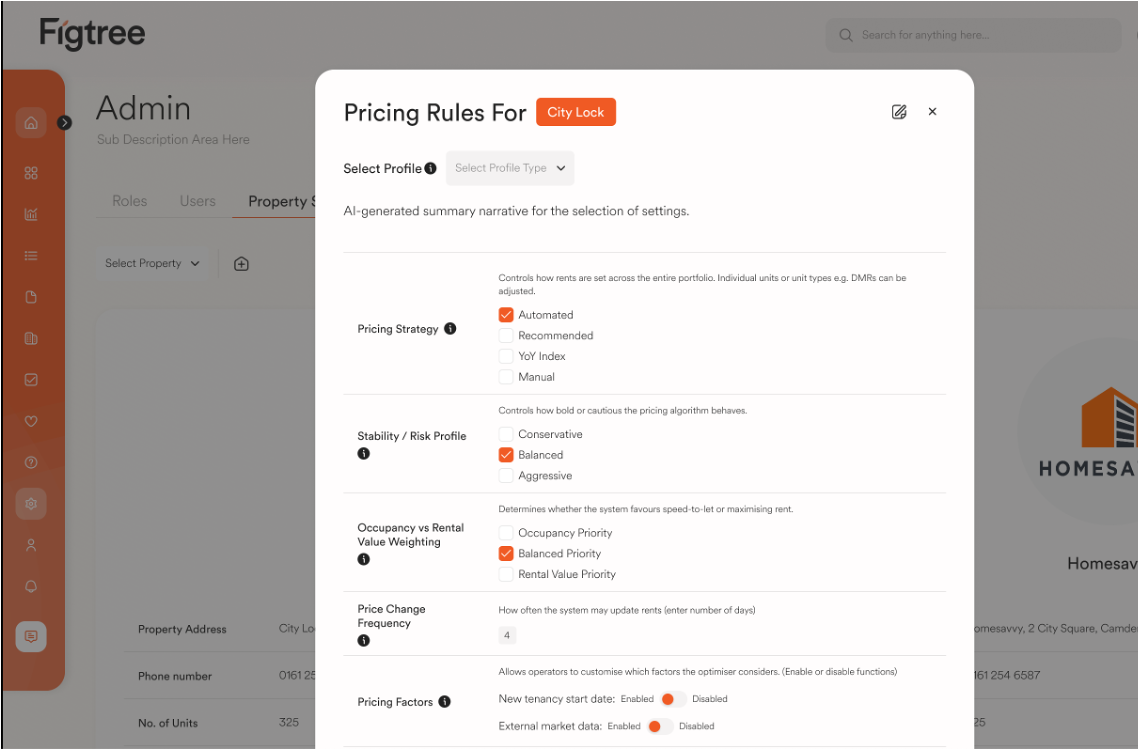 Screenshot of a software interface displaying pricing rules for a property management platform, with options for pricing strategy, stability/risk profile, occupancy vs rental value weighting, price change frequency, and pricing factors, mostly selected or enabled.