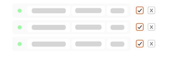 Screenshot of a data table or form with three rows, each containing a green circle, gray text fields, a checked checkbox, and an unchecked checkbox, on an orange background.