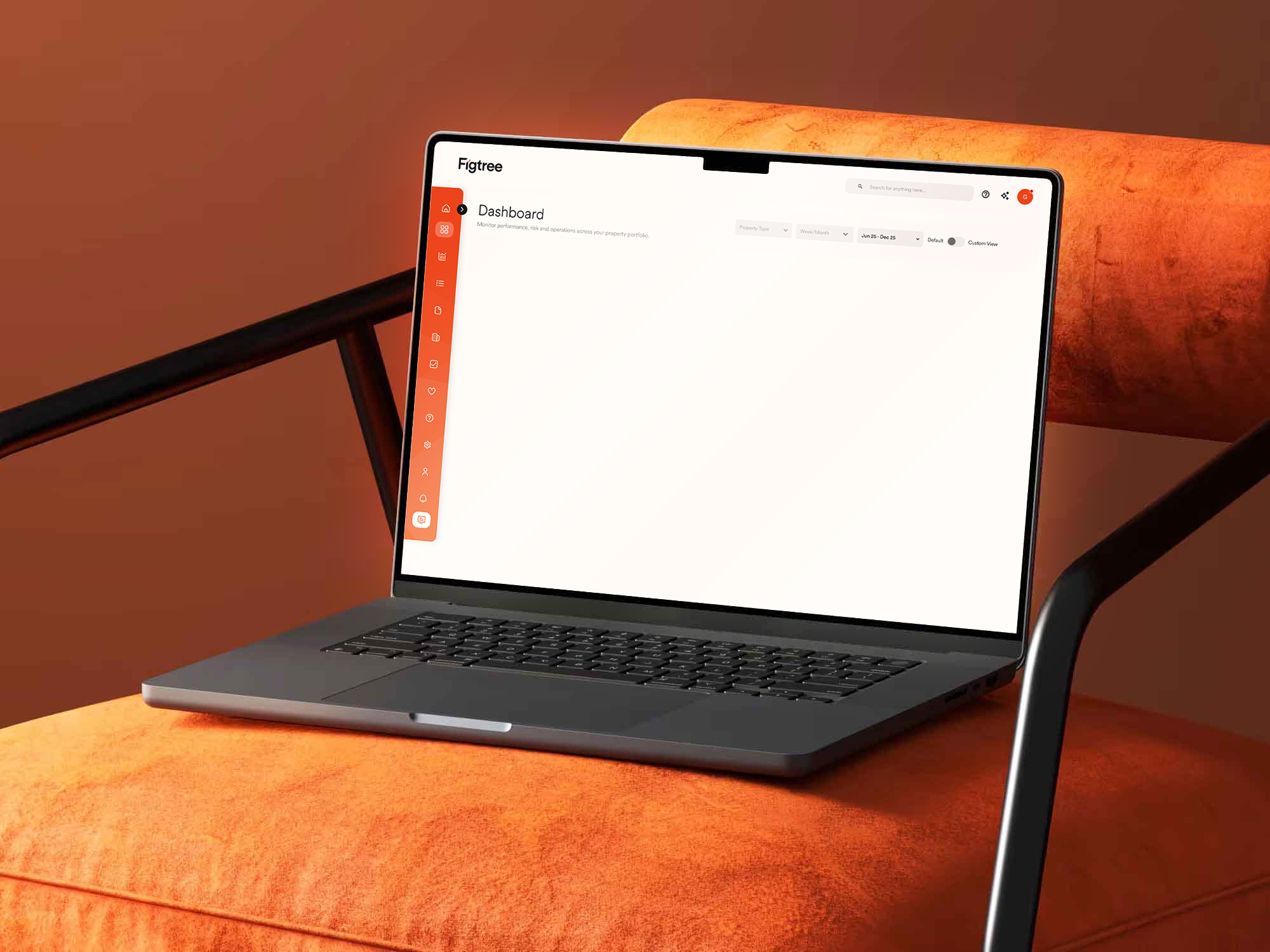 A laptop on an orange textured surface displaying a software dashboard with a sidebar menu and various options.