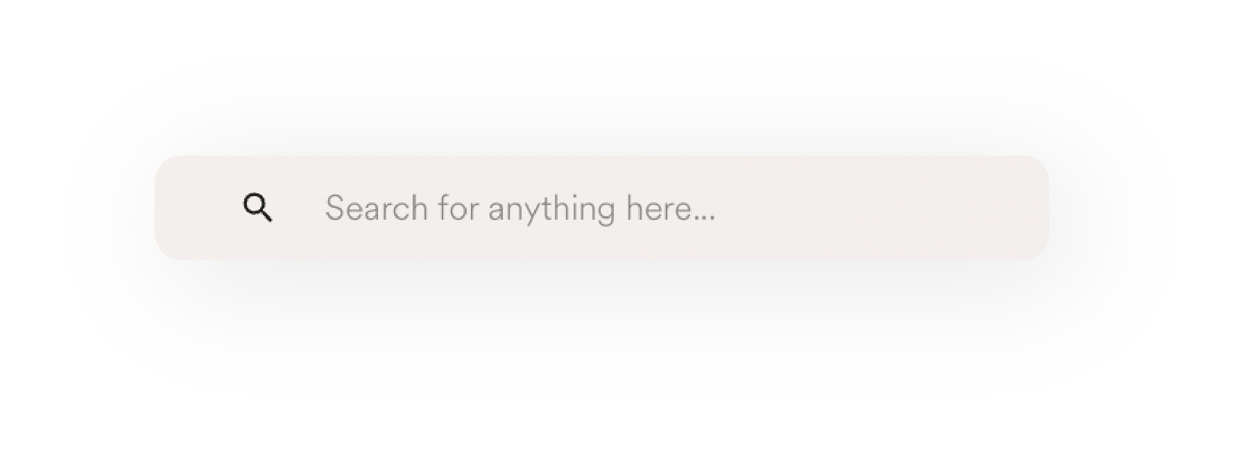 A black oval shaped search bar with a magnifying glass icon on the left and the placeholder text "Search for anything here..." in the center.