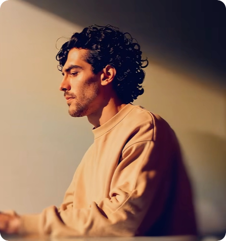 Side profile of a man with curly dark hair and a beard, wearing a beige sweatshirt, looking downward against a plain background.