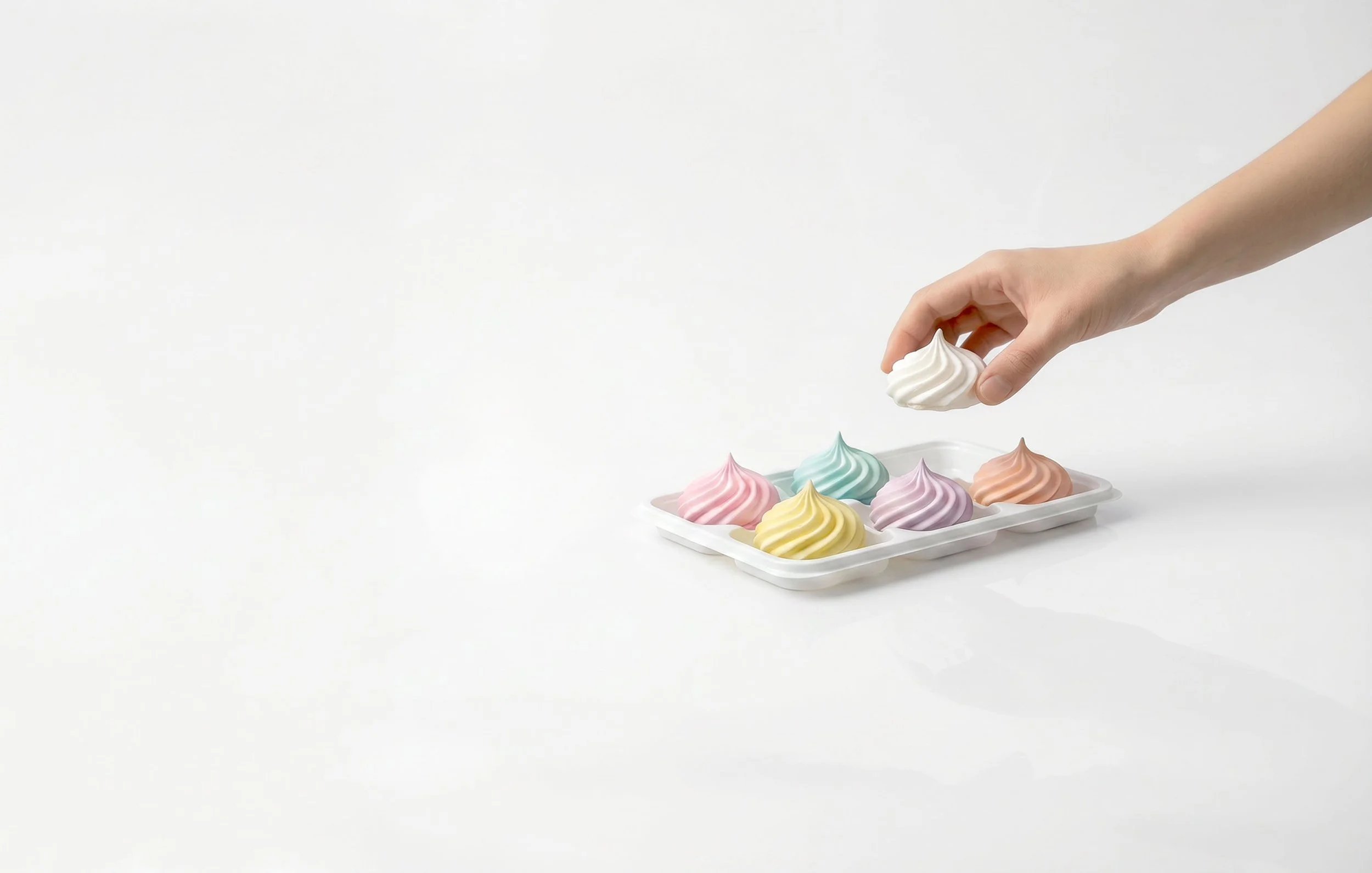 En hand placerar en vit molnliknande dollop på färgglada maränger arrangerade i en plastbehållare.