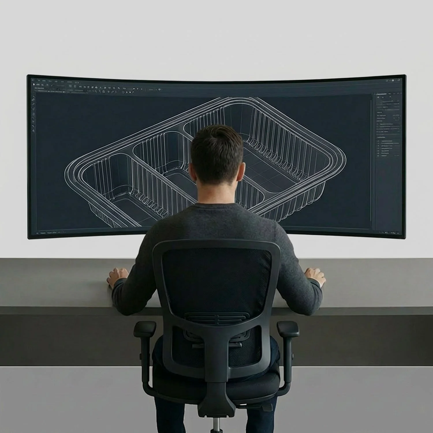 Person som arbetar på en dator med en skärm som visar en 3D-modell av en plastlåda i ett CAD-program.