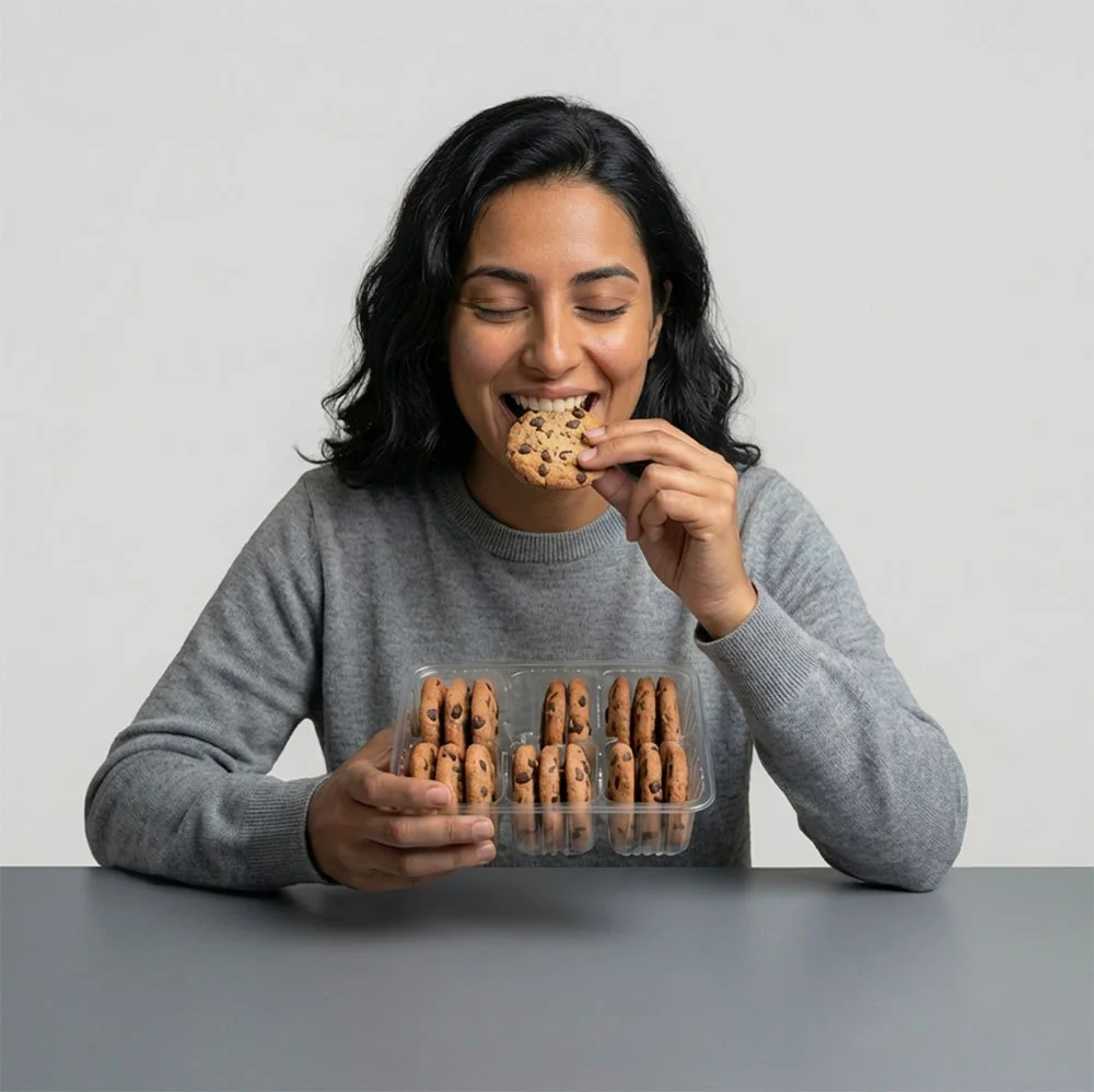 Kvinna som äter en chokladkaka cookies, med en ask med fler kakor framför sig.