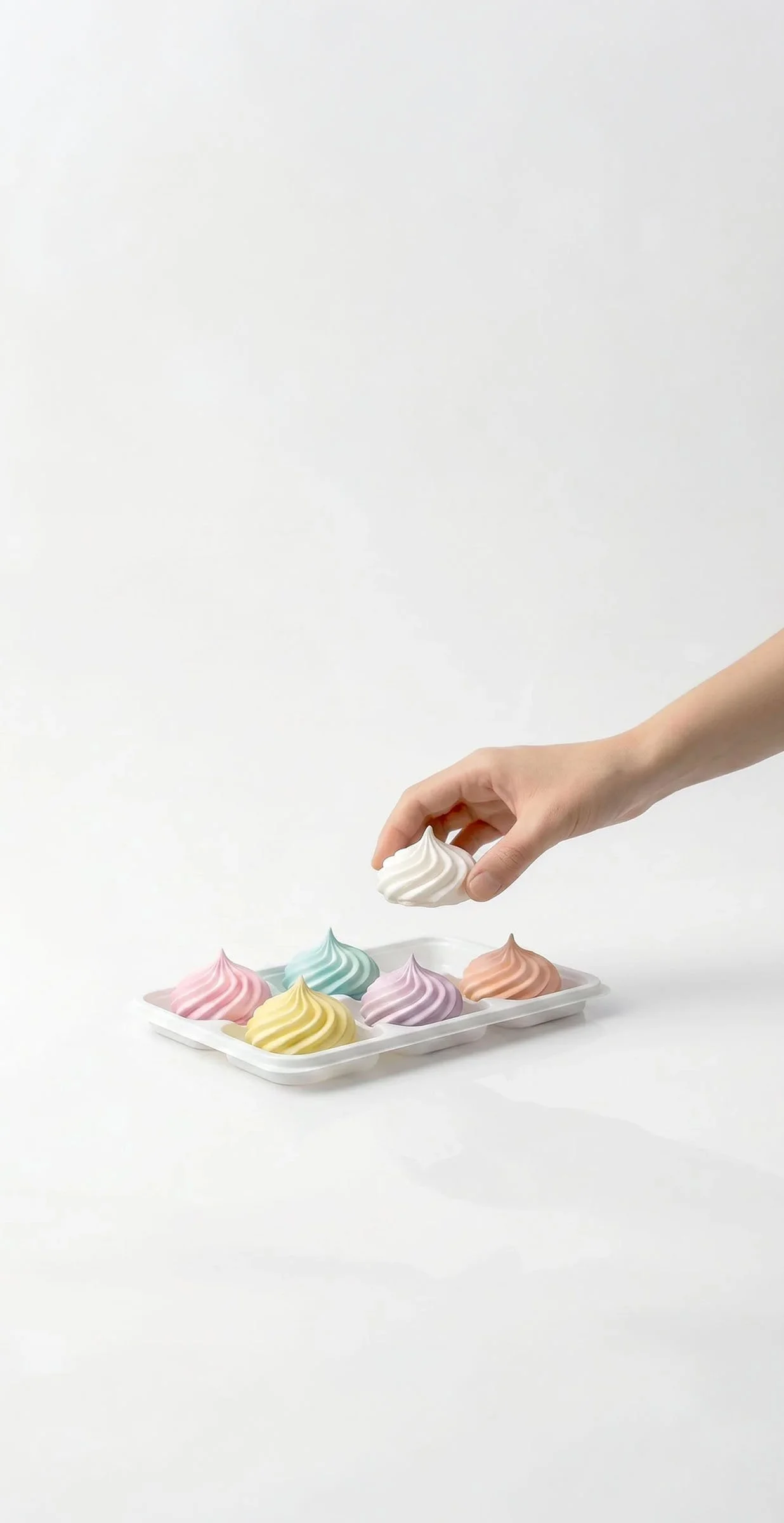 En hand som placerar en vit molnliknande maräng eller kaka på en vit bricka med flera andra pastellfärgade maränger eller kaker.