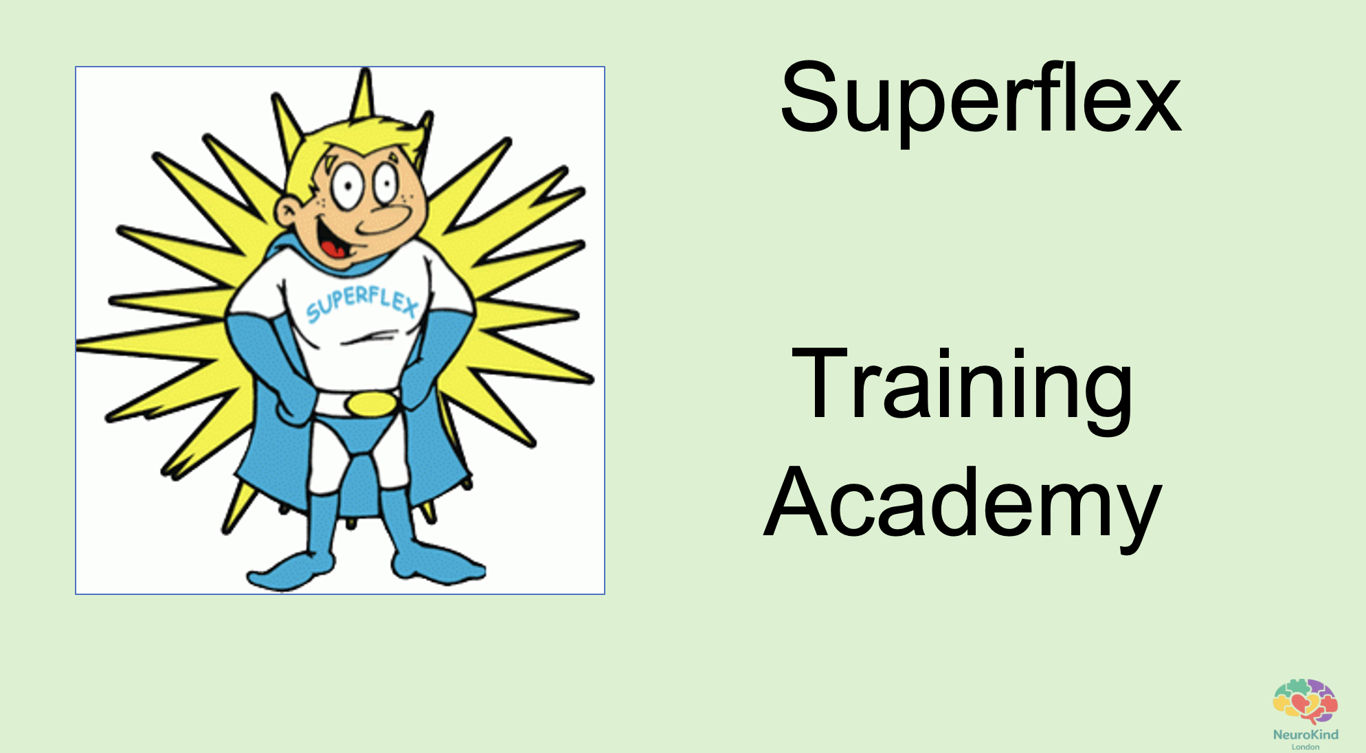 Cartoon character dressed as a superhero with a yellow spiky background, wearing a white and blue costume with 'SUPERFLEX' written on the shirt, standing confidently with hands in pockets.