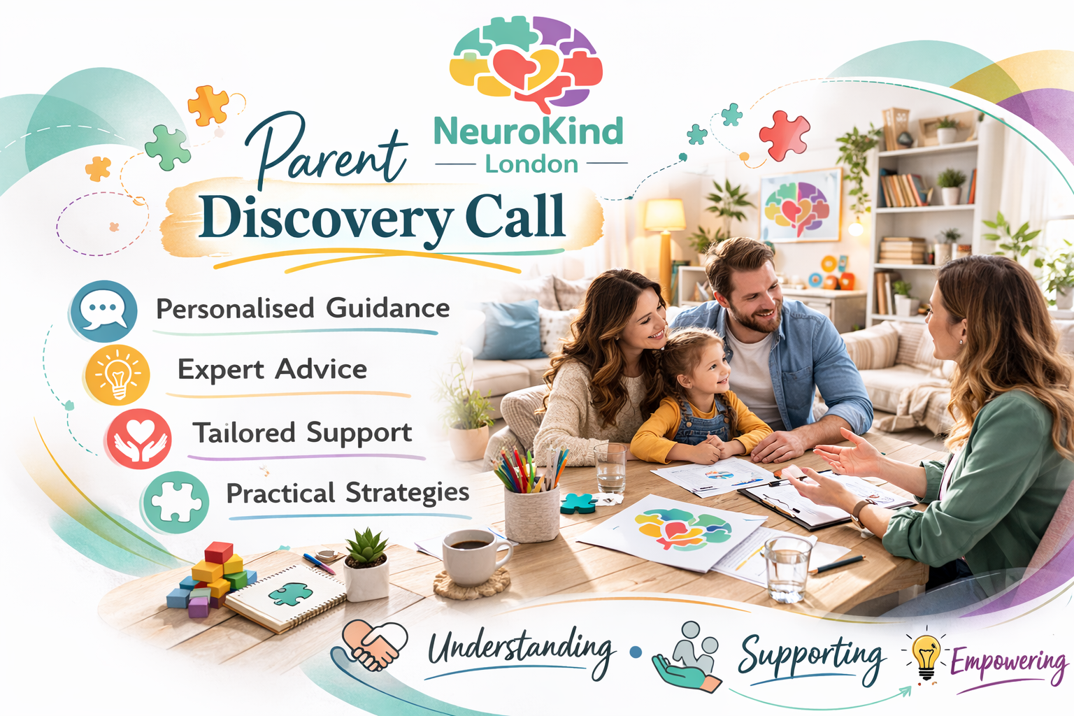 A flyer for NeuroKind London's Parent Discovery Call features a smiling family with a small child talking to a counselor in a bright, cozy living room decorated with plants and colorful artwork. The flyer highlights personalized guidance, expert advice, tailored support, and practical strategies for parents.