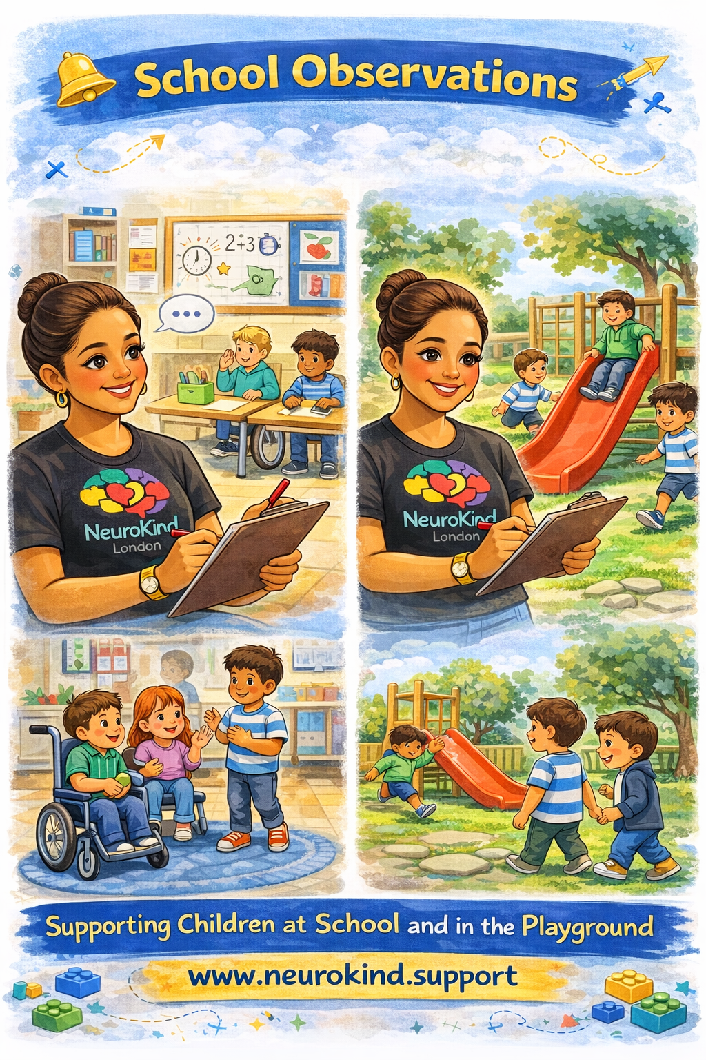 A poster with four illustrations supporting children at school and in the playground. The top left shows a teacher in a classroom with students at desks and a whiteboard. The top right shows a woman supporting children playing on a slide outside. The bottom left features children, including one in a wheelchair, smiling and talking indoors. The bottom right depicts children playing on a slide and walking hand in hand outside. The poster reads 'School Observations' and 'Supporting Children at School and in the Playground,' with the website www.neurokind.support at the bottom.