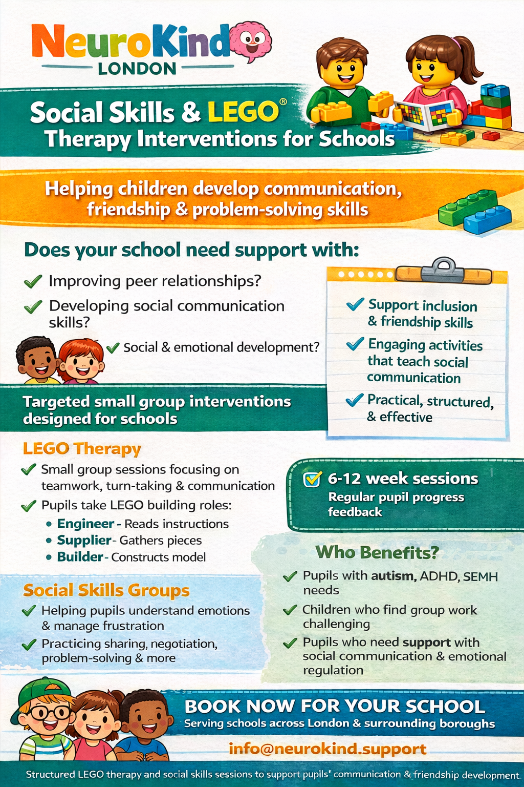 Flyer for NeuroKind London promoting social skills and LEGO therapy interventions for schools, featuring children playing with LEGO bricks and providing details on programs helping children develop communication, friendship, and problem-solving skills.