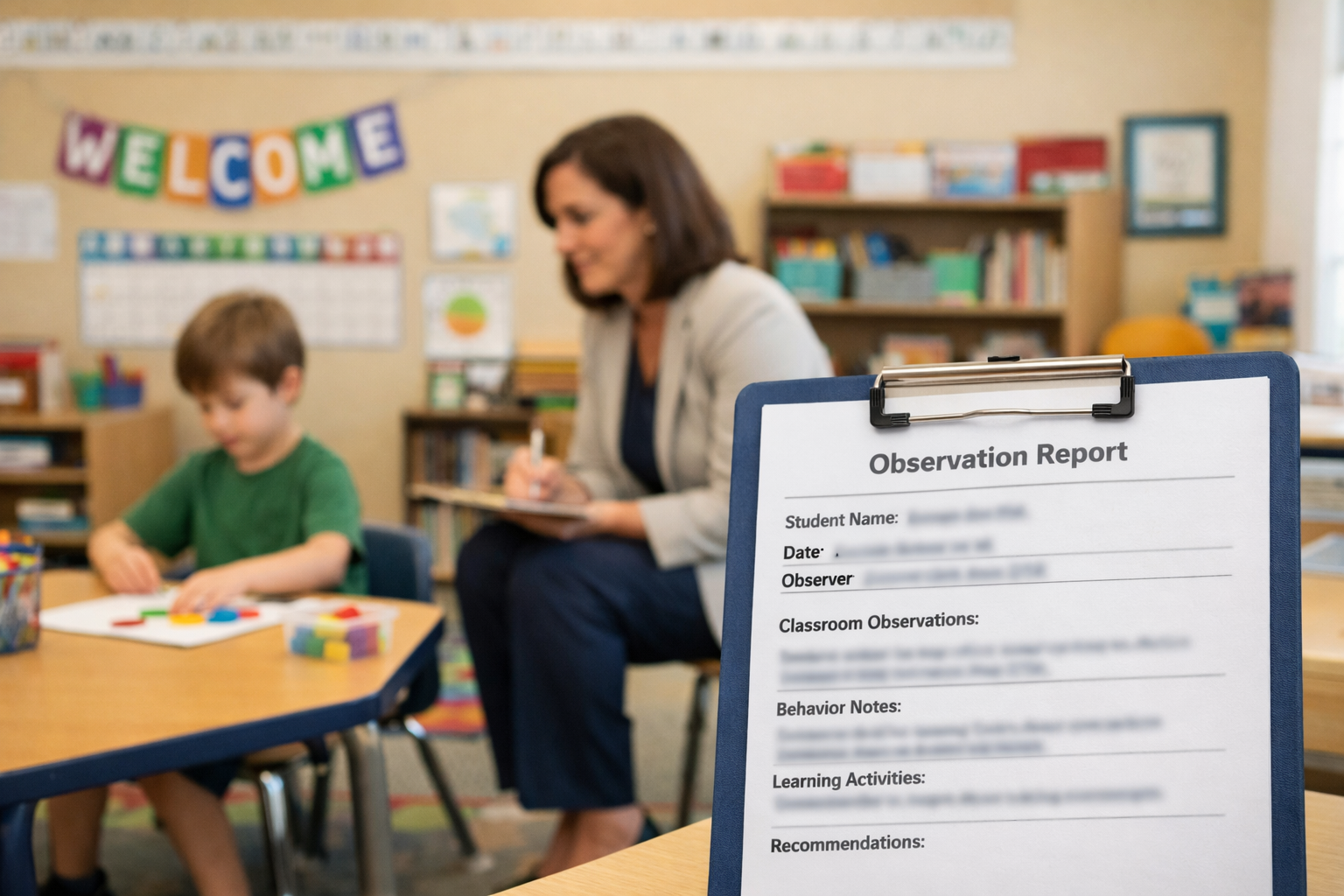 An observation report clipboard in focus with blurred background of a classroom where a teacher is sitting next to a young student working with educational materials at a table.
