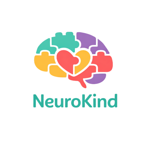 A colorful puzzle piece brain with a heart and hand, representing NeuroKind.
