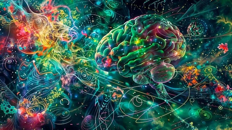 A digital illustration of a human brain surrounded by colorful, abstract, swirling patterns and cosmic elements.