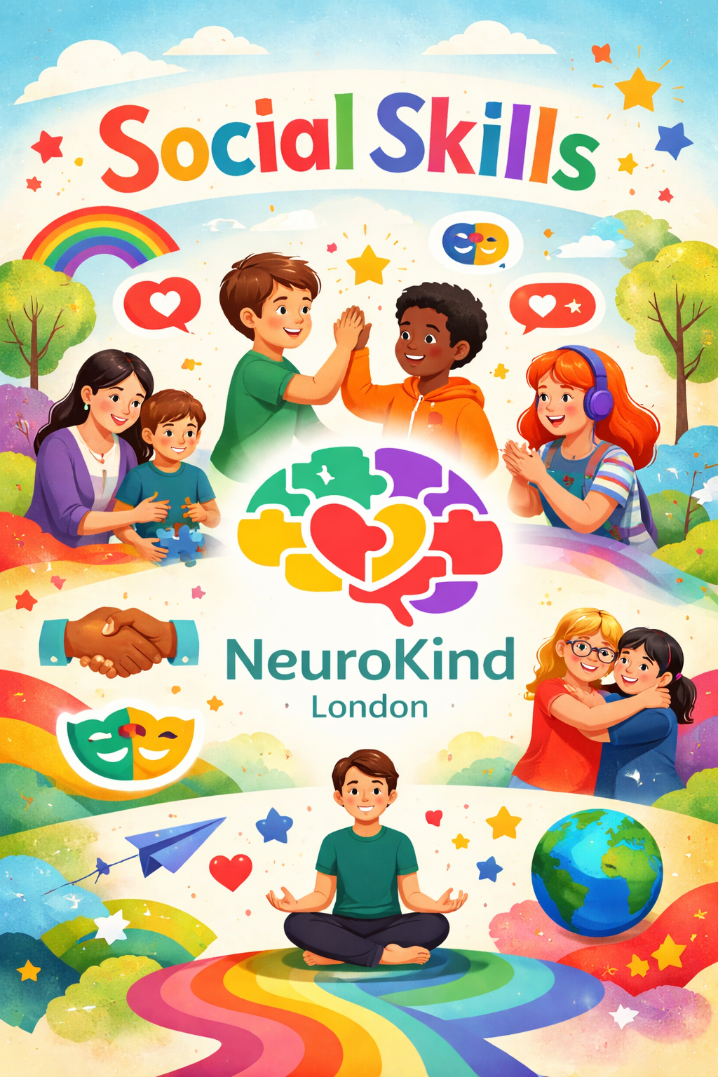 Colorful illustration showing children and adults engaging in social skills activities outdoors with trees, clouds, rainbows, stars, and a globe, promoting NeuroKind London.