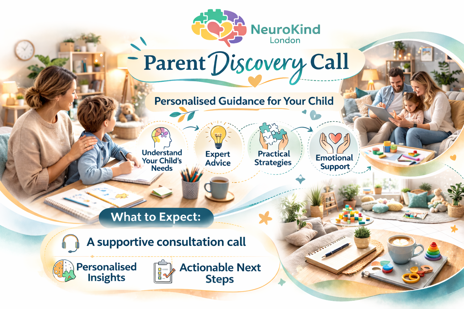 A promotional infographic for NeuroKind London's Parent Discovery Call. It shows a mother and son at a table with notebooks, pencils, and a cup, and a family reading together on a cozy sofa. The infographic highlights understanding your child's needs, expert advice, practical strategies, emotional support, and what to expect, including a supportive consultation call, personalized insights, and actionable next steps.