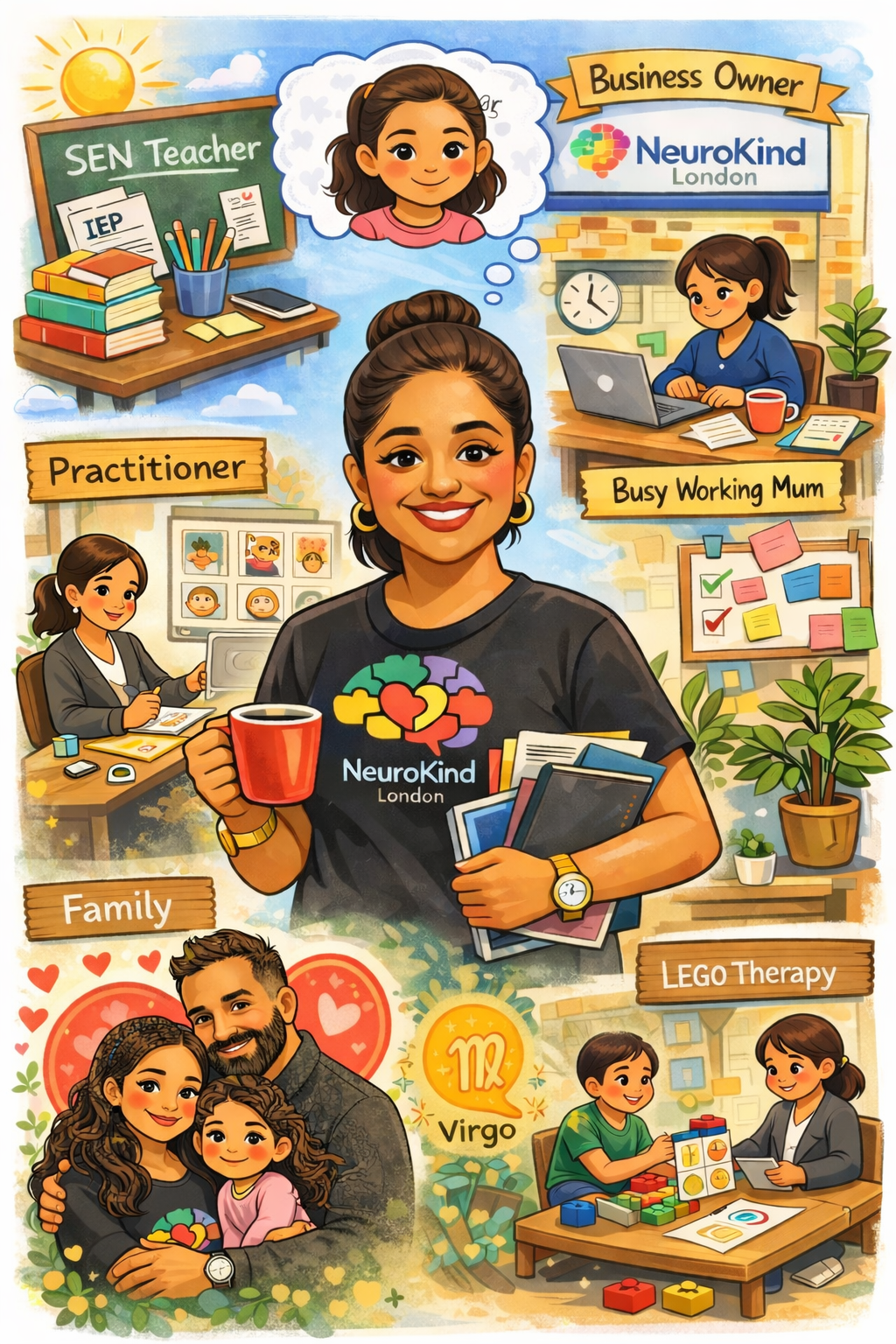 Illustration of a woman with a big smile holding a cup of coffee and some books, surrounded by scenes representing her roles as a busy working mum, family member, practitioner, business owner, and LEGO therapy facilitator. The background includes a neurodiversity organization and various educational and therapy settings.