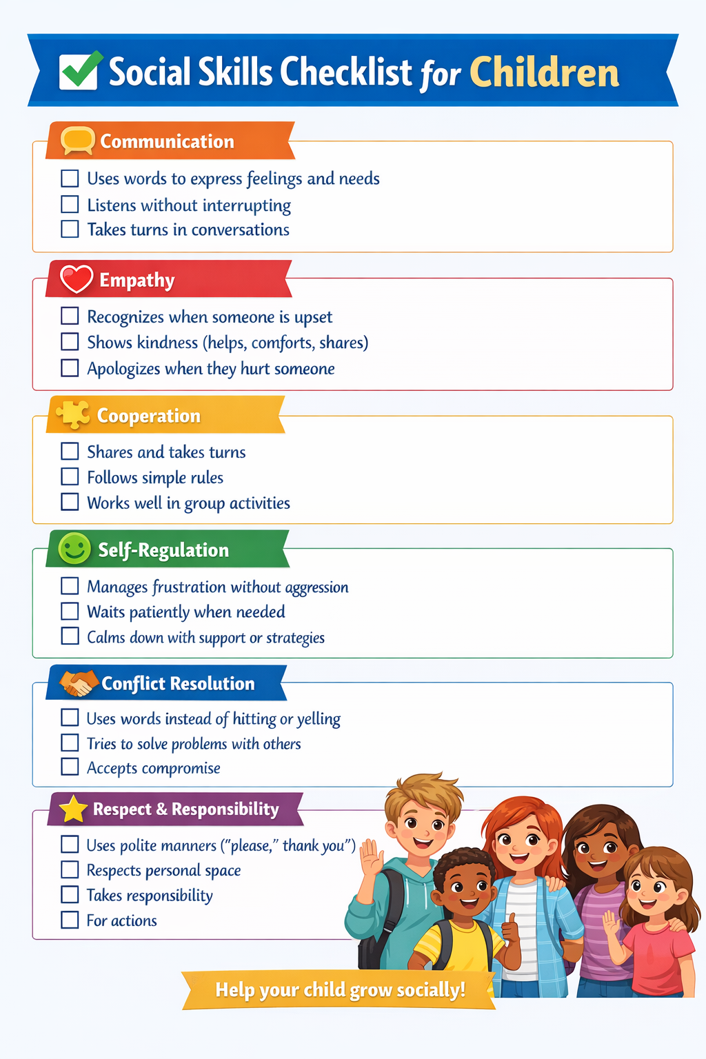 A colorful children's social skills checklist with categories for communication, empathy, cooperation, self-regulation, conflict resolution, and respect & responsibility, accompanied by an illustration of five diverse happy children, with a banner at the bottom reading 'Help your child grow socially!'