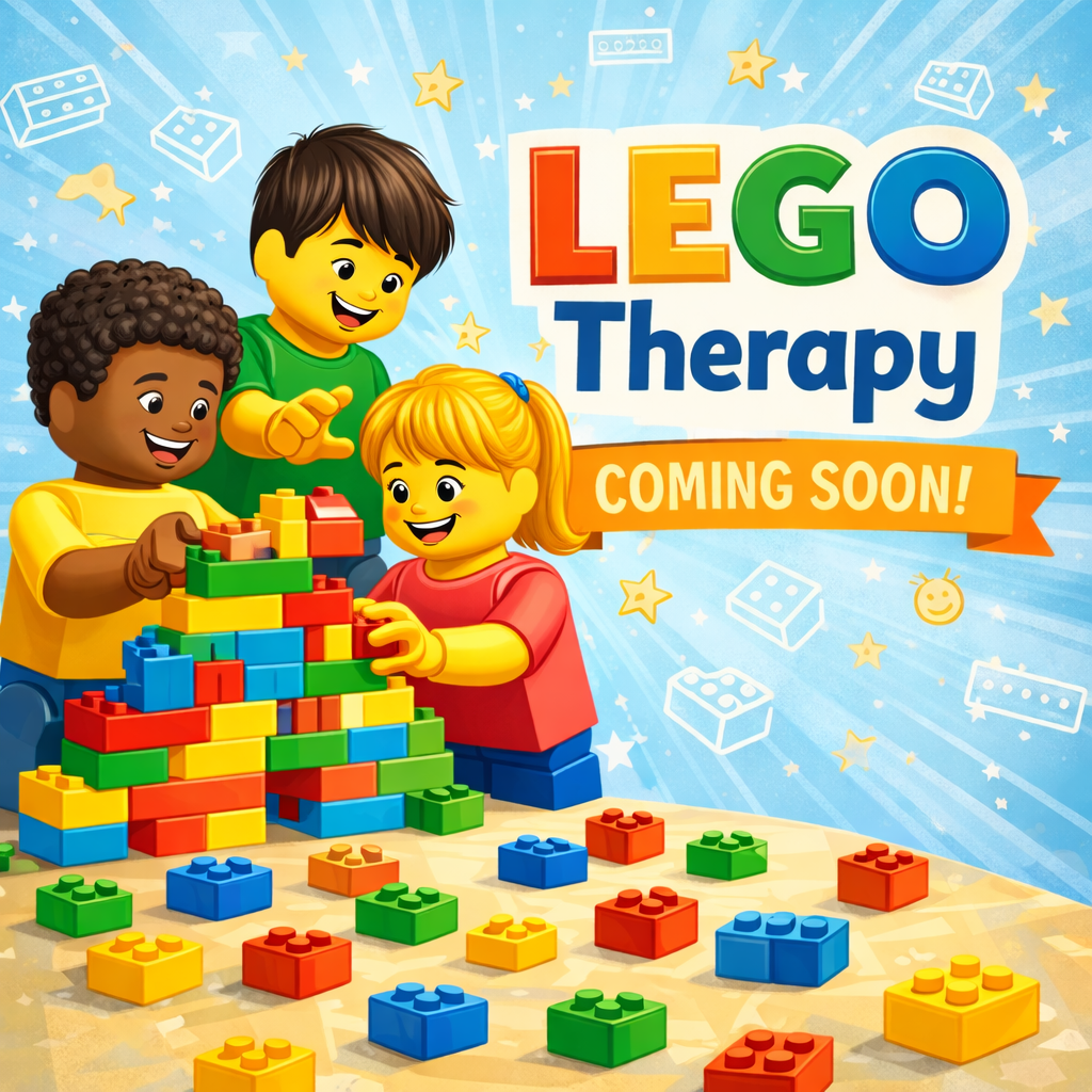 Three children building a colorful LEGO tower with scattered LEGO bricks on a table, advertising LEGO therapy coming soon.