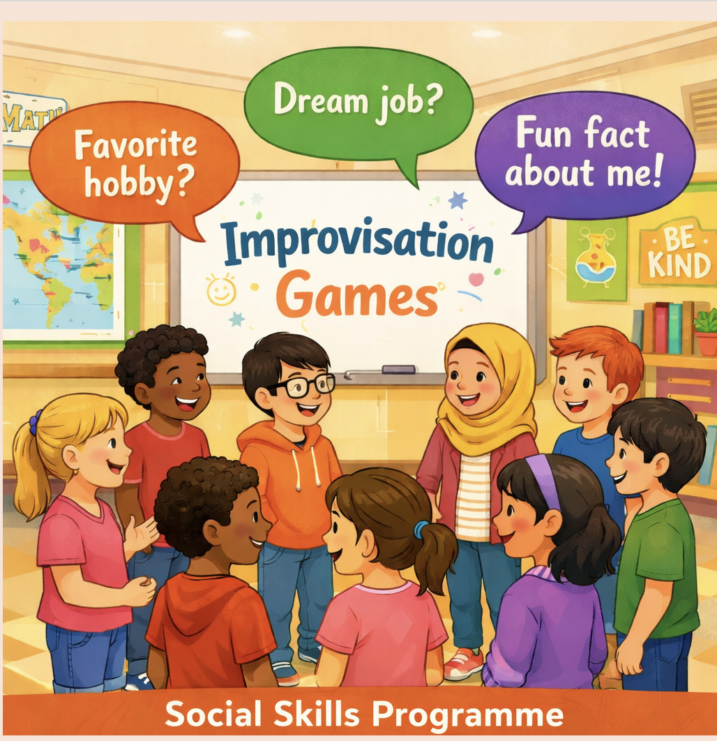 Children participating in improvization games in a classroom setting, with speech bubbles asking about hobbies, dream jobs, and fun facts about the children, promoting social skills.
