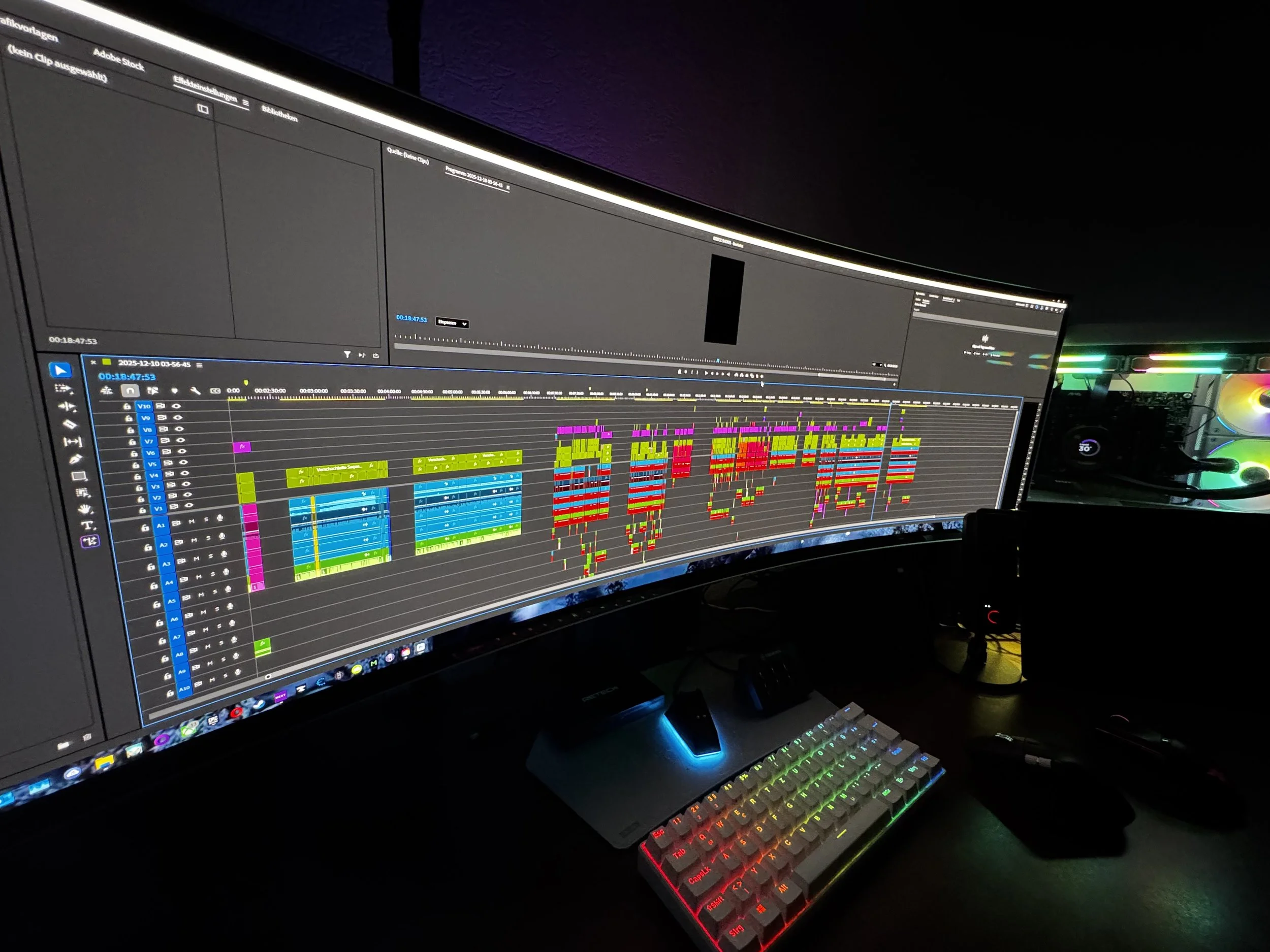 Großer, gebogener Computerbildschirm mit einer komplexen Videobearbeitungssoftware und mehreren Farbtönen, daneben eine Tastatur mit RGB-Beleuchtung, eine Maus, ein Headset, eine Tasse und ein PC mit grünen, orangefarbenen und roten Lichtern.