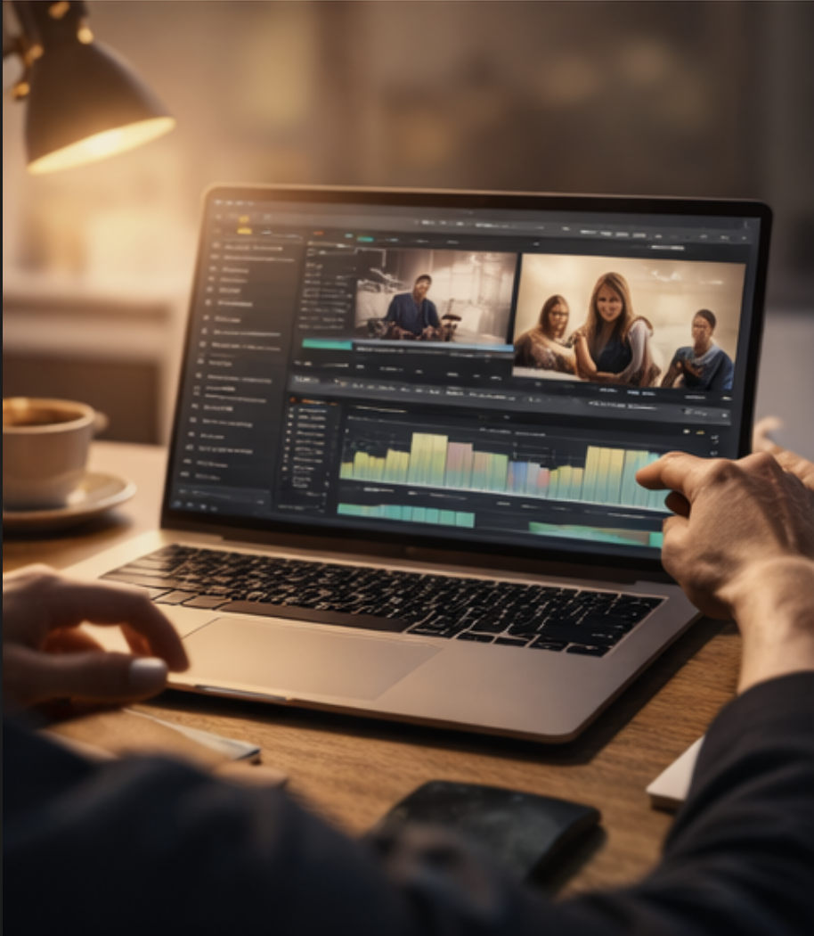 Laptop zeigt Videobearbeitungs-Software mit Videoausschnitten und Farbdiagrammen, Person arbeitet am Bildschirm im Büro, im Hintergrund Lampenlicht und Tasse