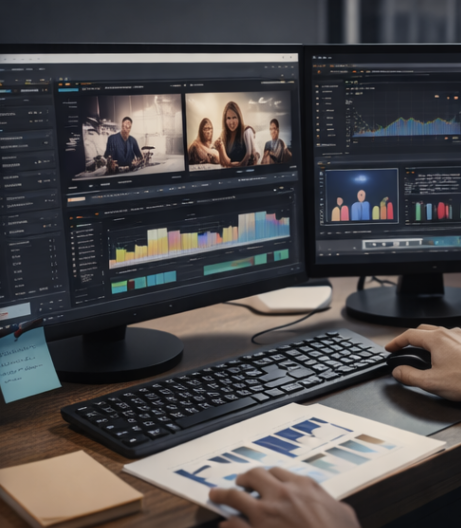 Zwei Computermonitore zeigen Video-Editing-Software mit Fotos, Grafiken und Analysediagrammen, während eine Person mit einer Tastatur arbeitet.