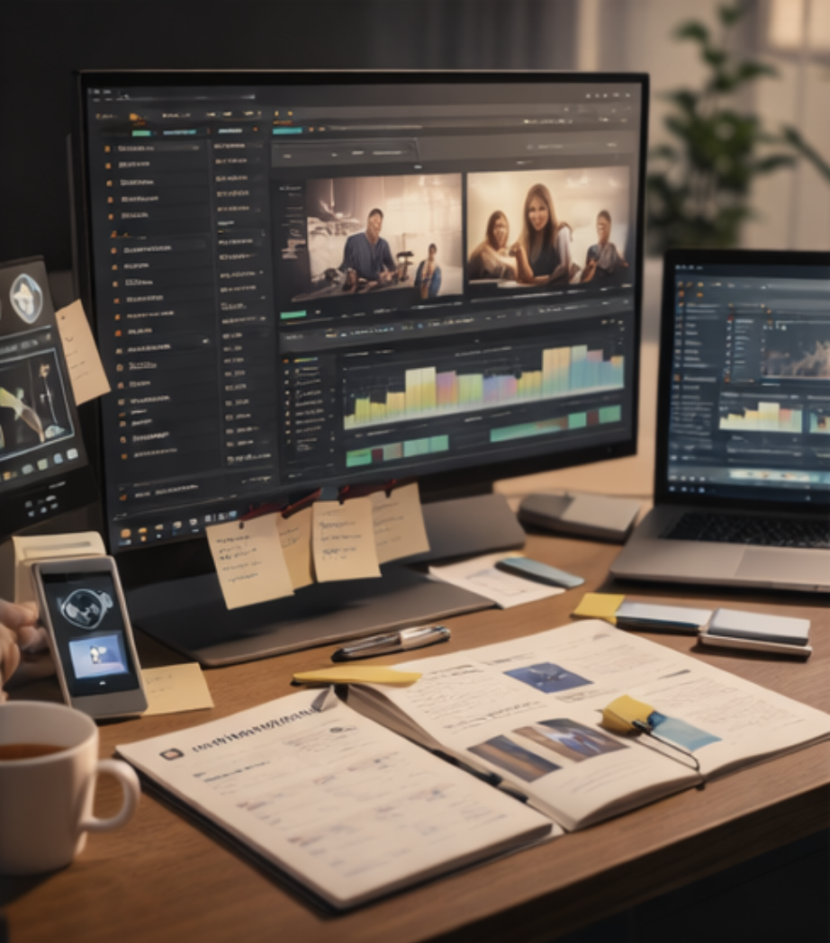 Ein Schreibtisch mit mehreren Monitoren, einem offenen Notebook, Unterlagen, Stiften, einem Telefon und einer Tasse Kaffee, in einem Büro. Auf den Monitoren sind Videoschnittprogramme und Videoaufnahmen sichtbar.