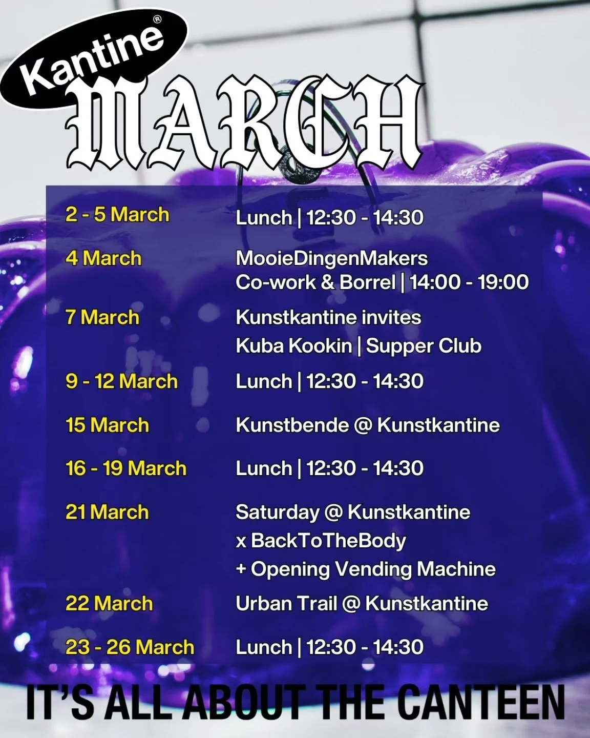 Events for March incoming!💫

💥LUNCH DEAL💥 Every monday to thursday:
Soup - salad - sandwich. Freshly made vegetarian/vegan. Walk in &amp; grab a seat. 

𝟰 𝗠𝗮𝗿𝗰𝗵 Co- work &amp; drinks @mooiedingenmakers

𝟳 𝗠𝗮𝗿𝗰𝗵 @kubakookin takes over t