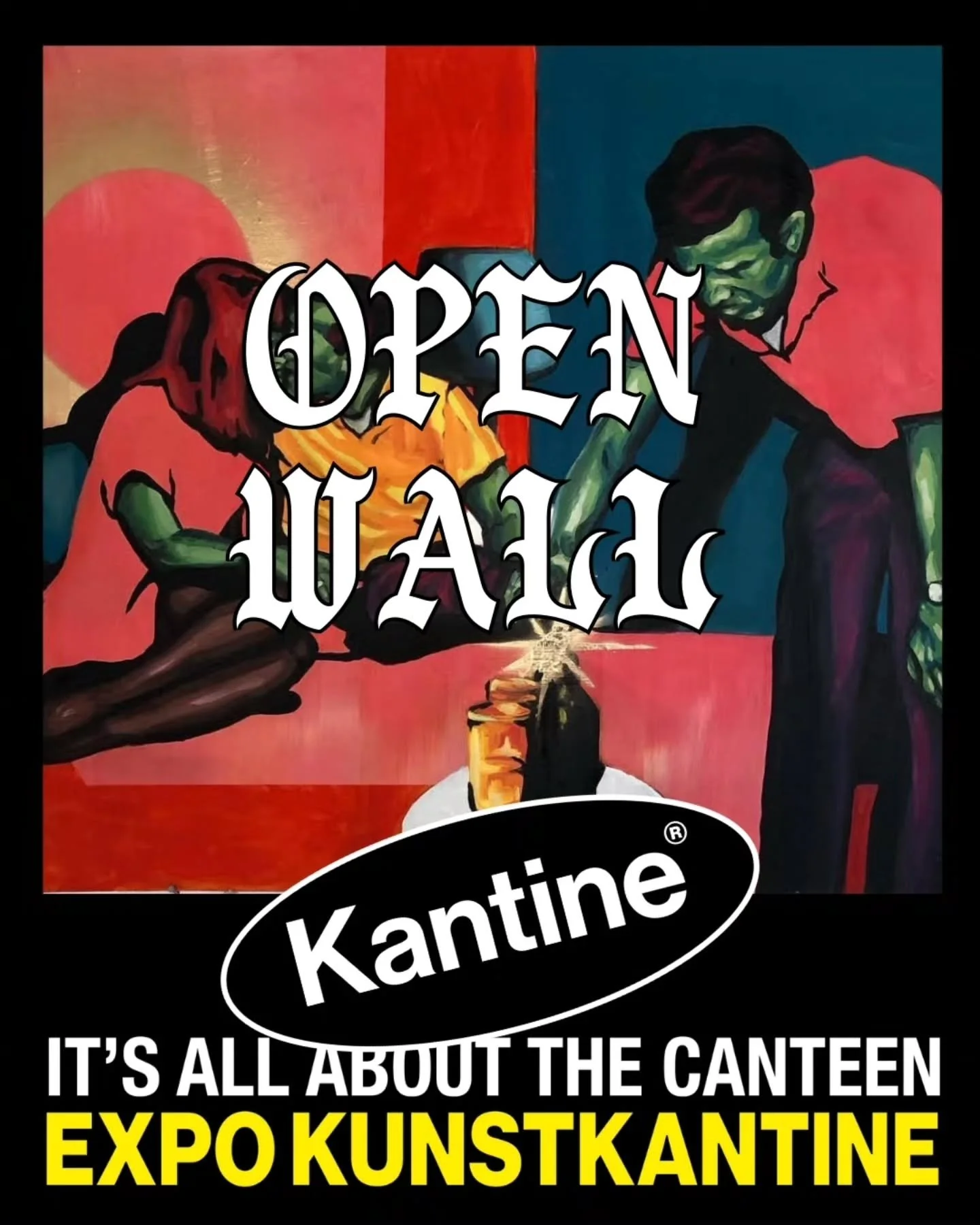 𝗢𝗽𝗲𝗻 𝗪𝗮𝗹𝗹 #𝟭 Because a canteen belongs to everyone, we launched an open call for our Big Wall, the first thing you see when you walk in. And of course, everything revolves around canteens.

Around 30 works by artists from all over the Nether