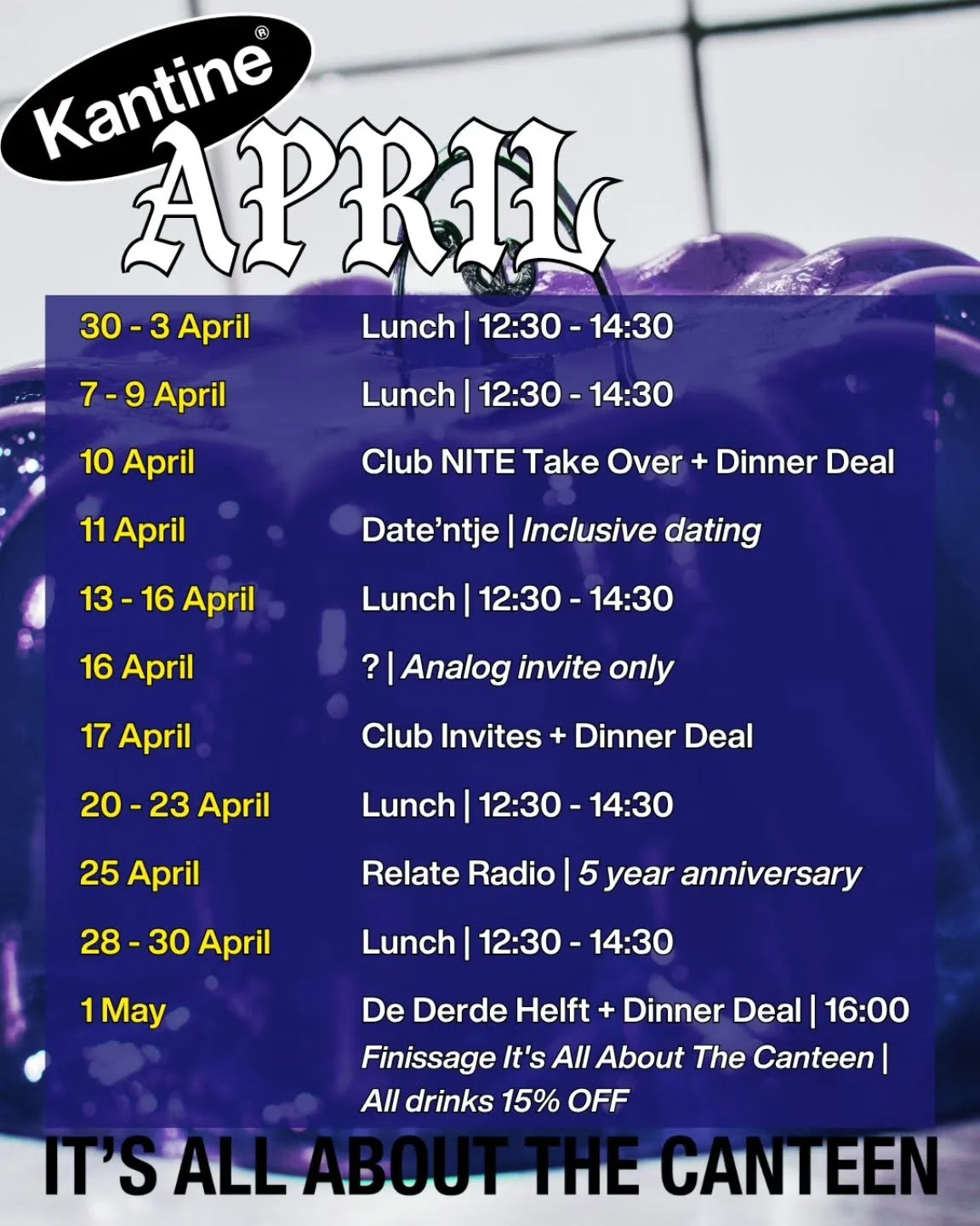 Events for April incoming!💫

💥LUNCH DEAL💥 Every monday to thursday:
Soup - salad - sandwich. Freshly made vegetarian/vegan. Walk in &amp; grab a seat.

𝟭𝟬 𝗔𝗽𝗿𝗶𝗹 @club.nite Take Over + Dinner Deal
The CLUB NITE community is taking over the M