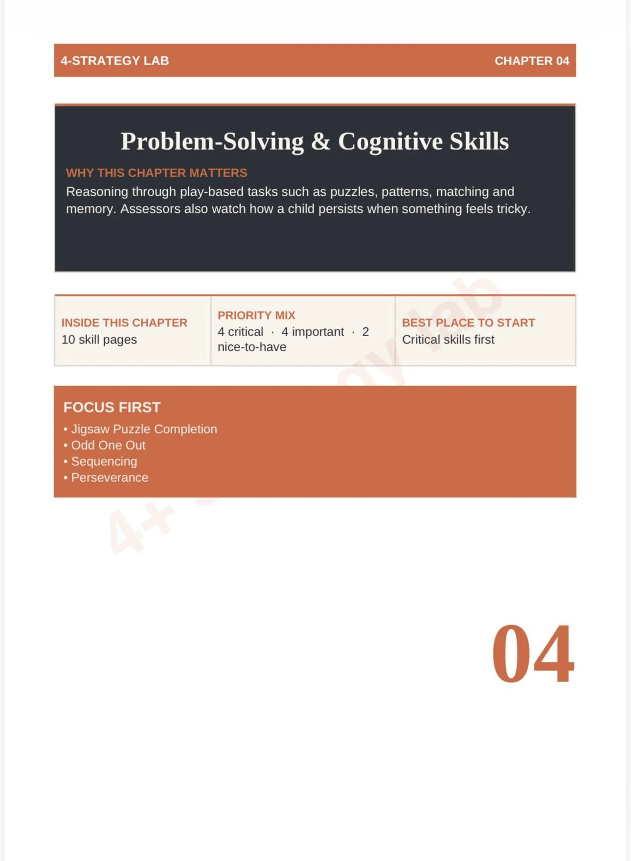 Page titled 'Problem-Solving & Cognitive Skills' from a chapter discussing reasoning through play-based tasks, with sections on skill pages, priority mix, best place to start, and focus areas like puzzle completion and sequencing, numbered as chapter 04.