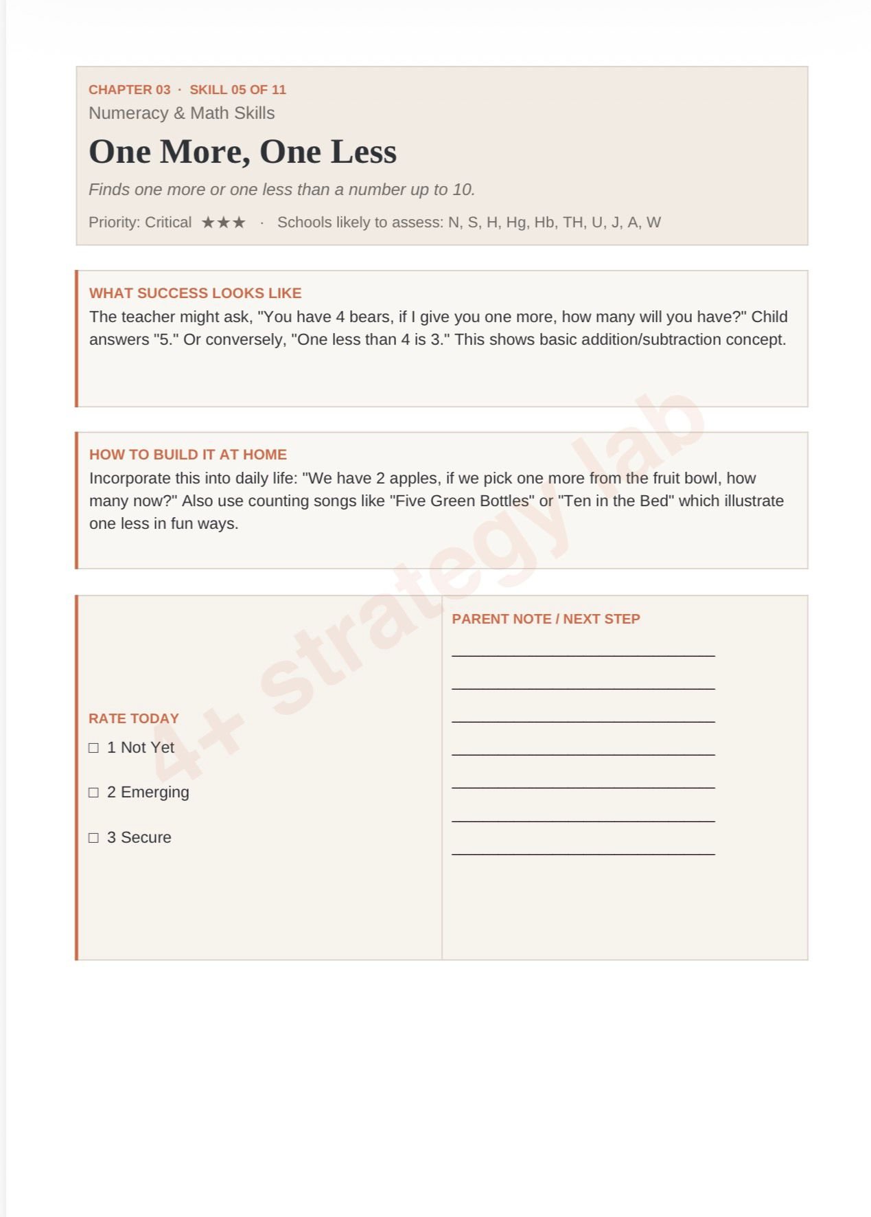 A worksheet page titled 'One More, One Less' focusing on math skills, with sections on success criteria, incorporating counting into daily life, rating progress, and notes for parents.