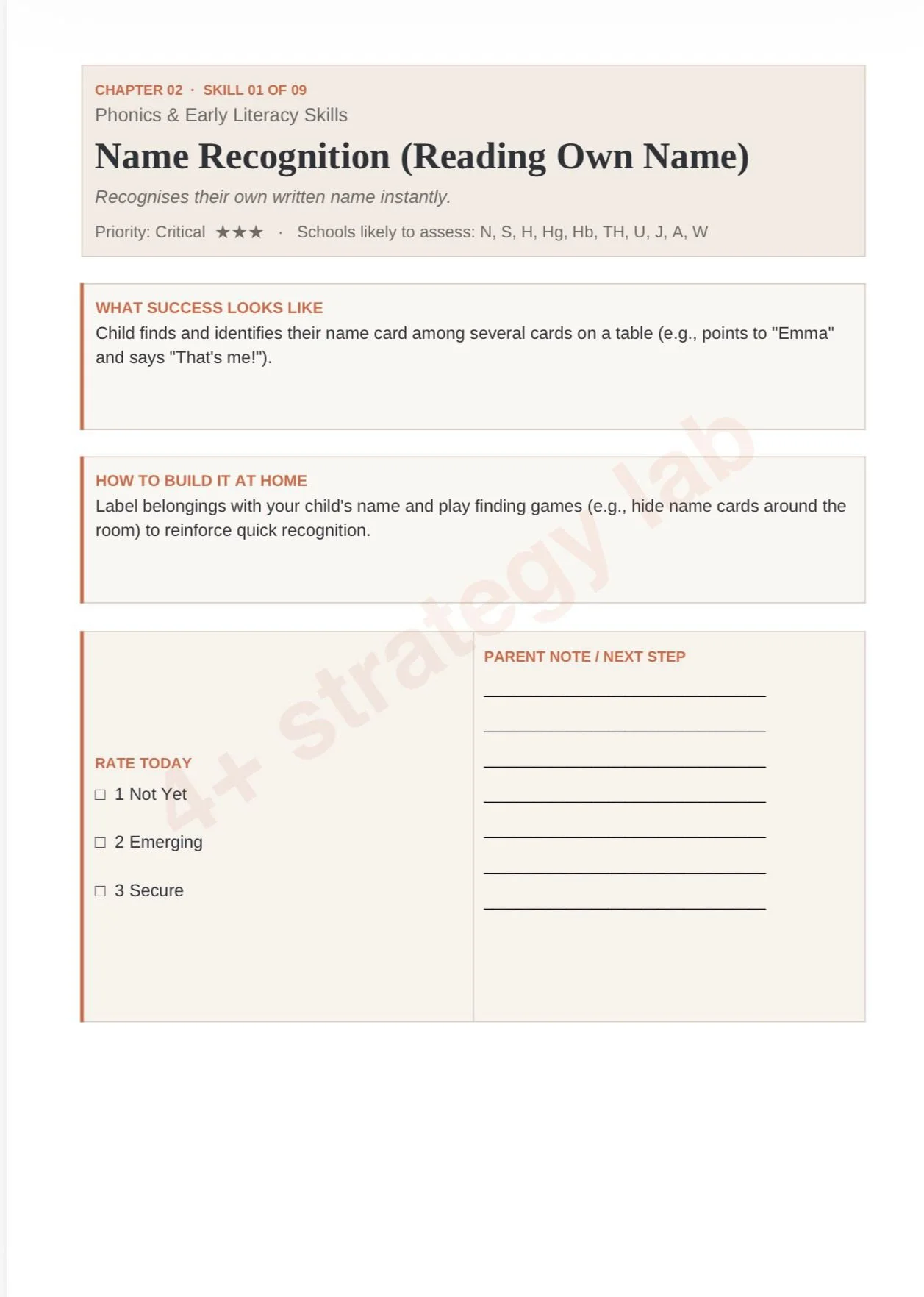 Page from a children's educational book on phonics and early literacy skills, focusing on recognizing one's own written name. Contains sections on success indicators, at-home activities, rating options, and parent notes.