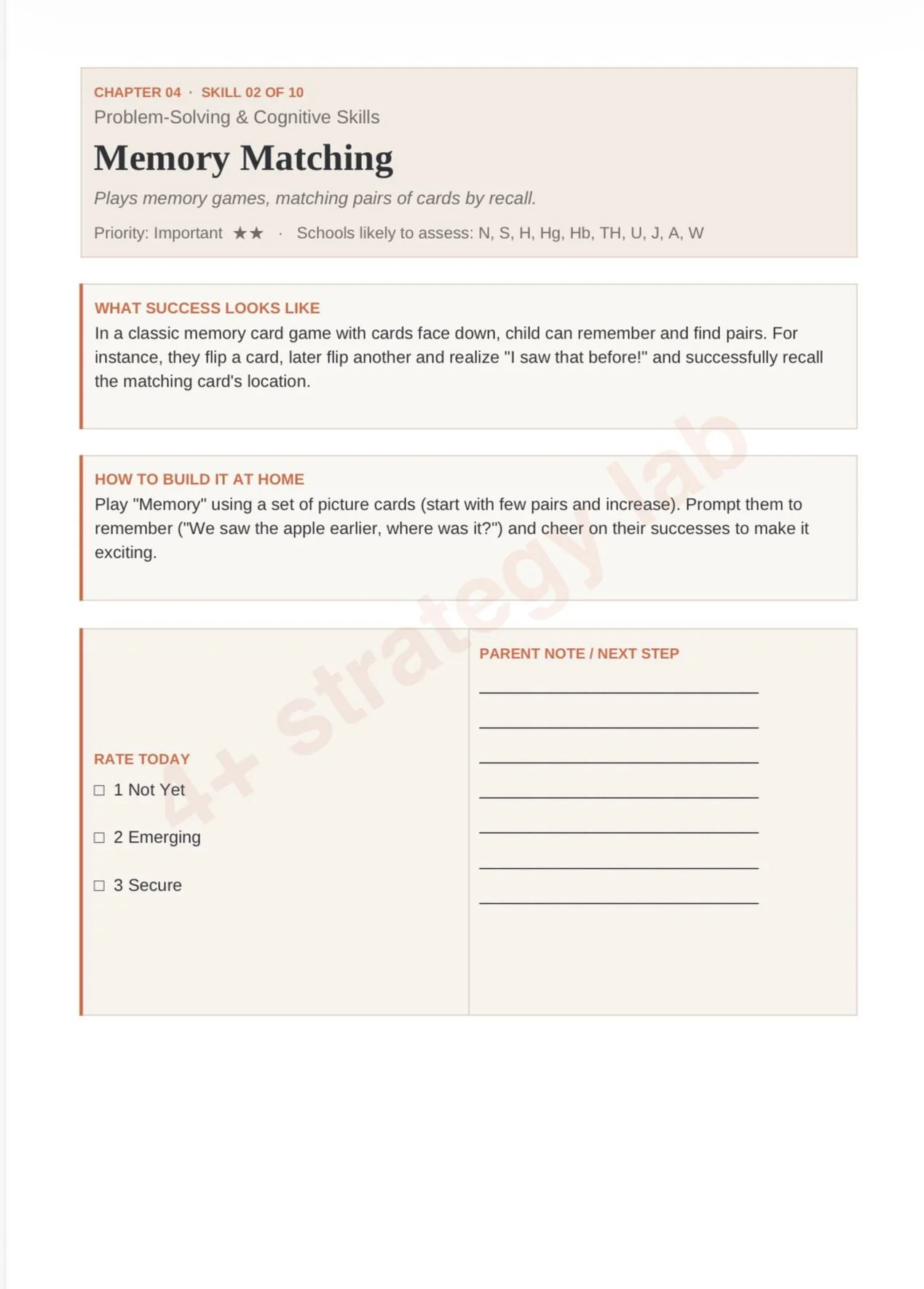 A page from an educational workbook titled 'Memory Matching' under the chapter 'Problem-Solving & Cognitive Skills'. It includes sections on what success looks like, how to build it at home, a rating scale with checkboxes, and a parent note or next step area.