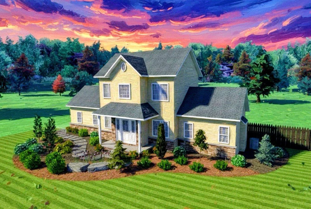 A yellow two-story house with a dark shingled roof, surrounded by neatly landscaped gardens and trees, with a vibrant sunset sky in the background.