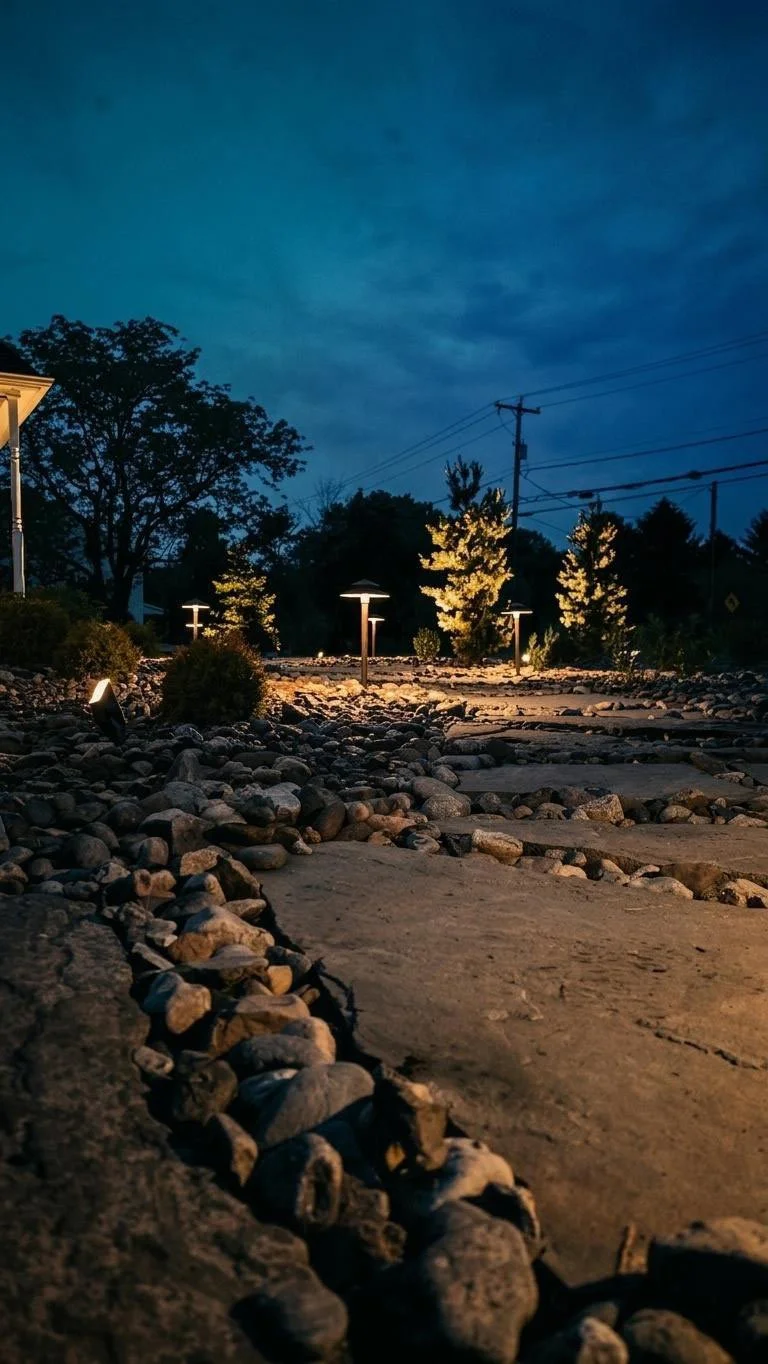 A stone pathway illuminated by small outdoor lights at dusk, with trees and power lines in the background.