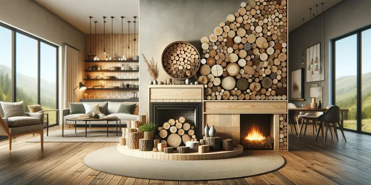 Ved staplad inomhus vid kamin – björkved för uppvärmning i Örkelljunga