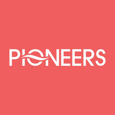 The word "PIONEERS" in white text on a pink background