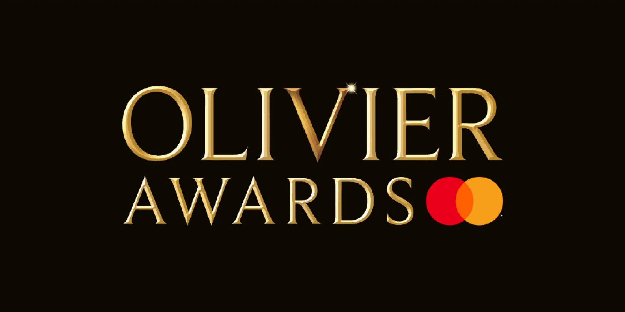 Logo of Oliver Awards with gold text on a black background and a Mastercard logo.